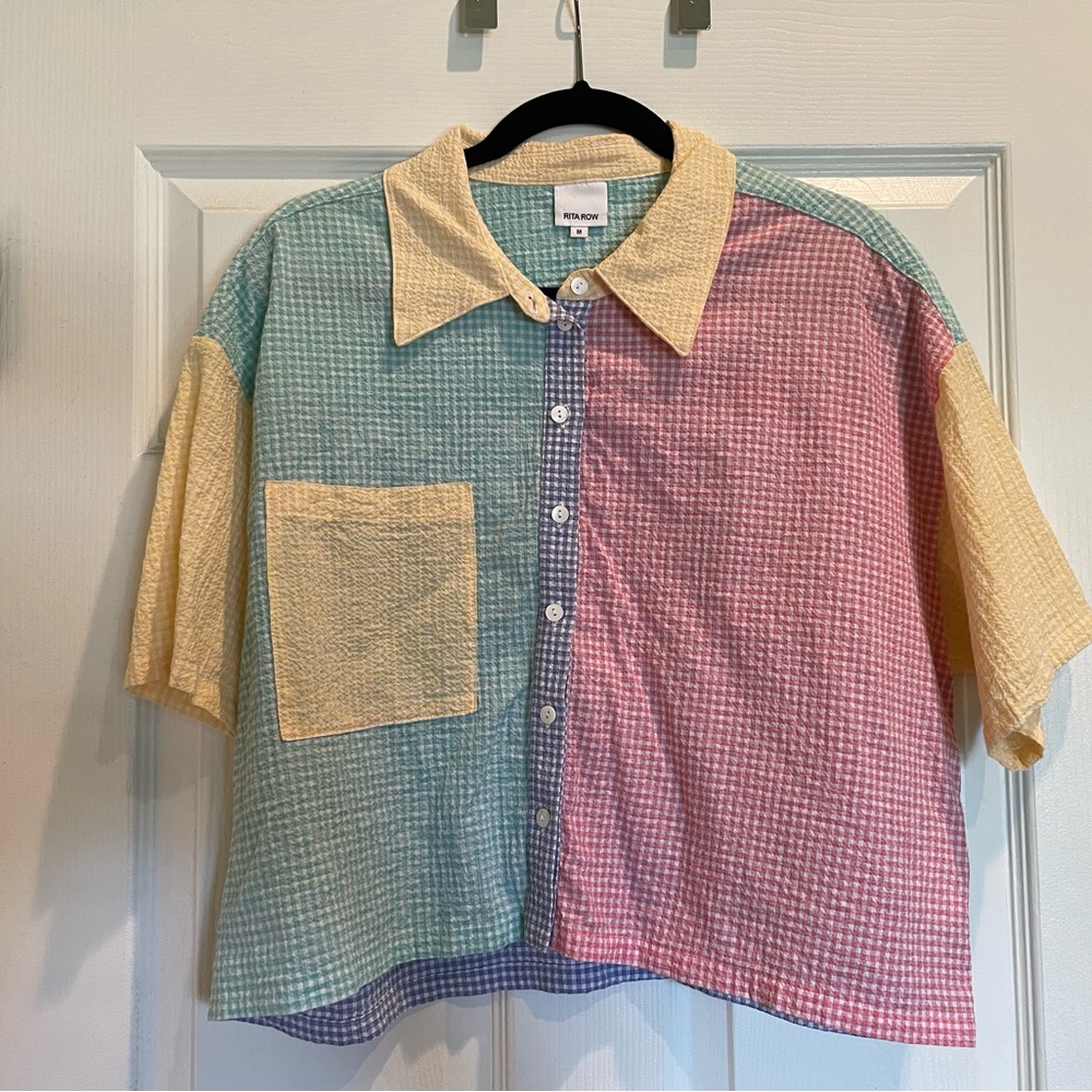 Rita Row gingham color block blouse